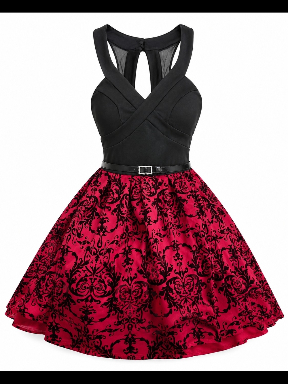Crystal Doll Black & Red Damask Fit-and-Flare Mini Dress